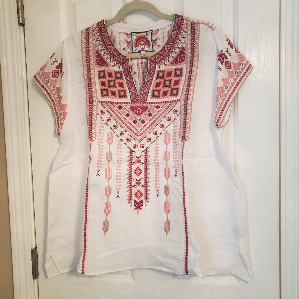 Johnny Was White and Cream Embroidered Tunic Size L